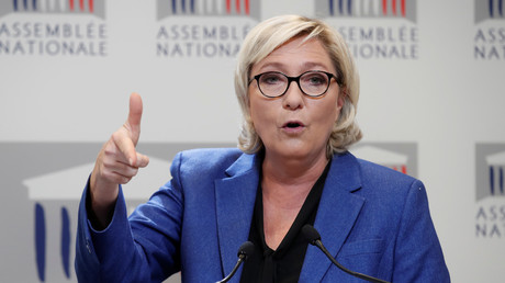 Marine Le Pen en conférence de presse à l'Assemblée nationale, septembre 2017, illustration