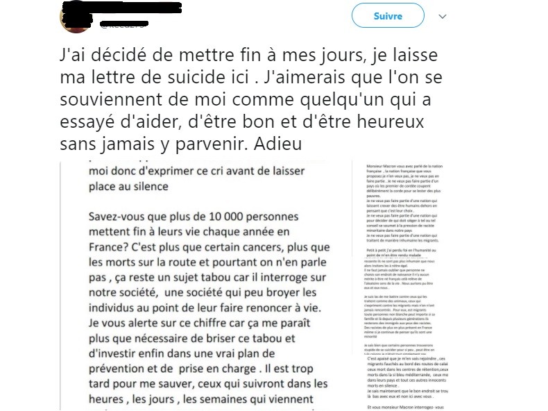 Evoquant les migrants dans un tweet, il menace de se suicider mais la police arrive à temps