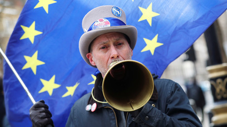 Un miltant anti-Brexit devant le Parlement britannique le 5 février 2018, photo ©Hannah Mckay/Reuters