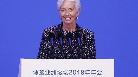 Christine Lagarde, le 9 avril 2018 lors de son intervention au sommet  du Conseil de coopération économique du Pacifique, à Bao en Chine, deux jours avant l'ouverture de la réunion du FMI à Hing Kong.