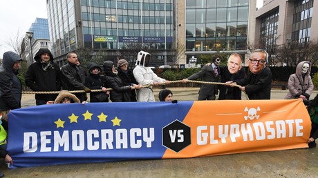 Manifestation d'activistes anti-Monsanto devant le siège de la Commission européenne à Bruxelles le jour du vote sur le glyphosate, le 27 novembre 2017. 