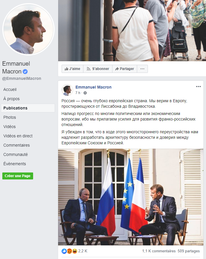 En russe, Macron réitère sur Facebook son souhait d’approfondir les relations entre Paris et Moscou