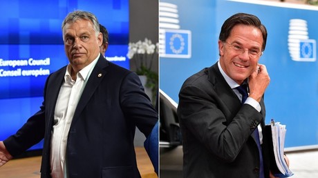 A gauche, le Premier ministre hongrois Viktor Orban ; à droite, le chef du gouvernement néerlandais Mark Rutte (montage d'illustration)