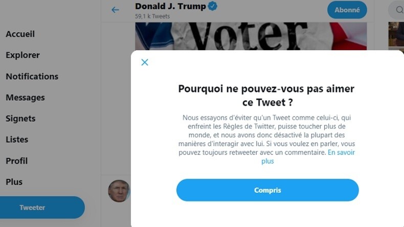 Twitter interdit à ses utilisateurs de liker et commenter certains tweets de Donald Trump