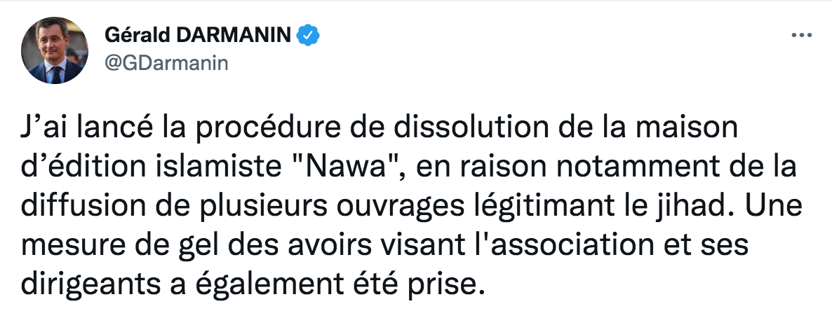 Darmanin souhaite dissoudre une maison d'édition «légitimant le djihad»