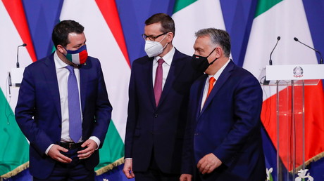 Matteo Salvini, Mateusz Morawiecki, Viktor Orban, à Budapest le 1er avril 2021 (image d'illustration).