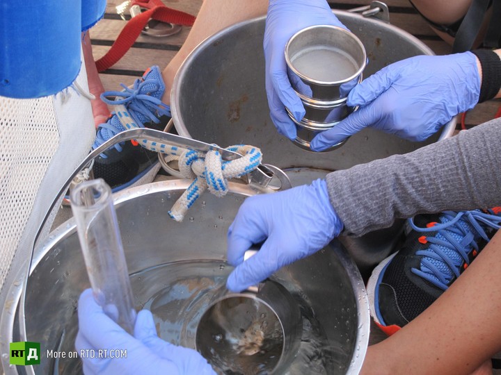 female crew research microbead pollution in sea
