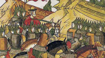 Битва на реке Воже, 1378 год. Миниатюра лицевого летописного свода, 70-е годы XVI века 