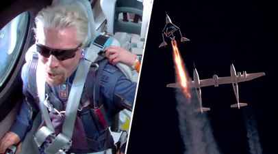 Ричард Брэнсон и космоплан VSS Unity, принадлежащий компании Virgin Galactic