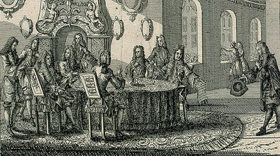 Подписание мирного договора в Ништадте 30 августа (10 сентября) 1721 года. Гравюра П. Шенка. 1721 год