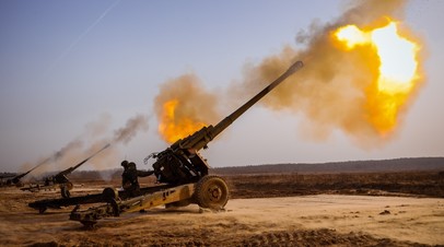 Стрельба батареи буксируемых артиллерийских орудий ВС РФ