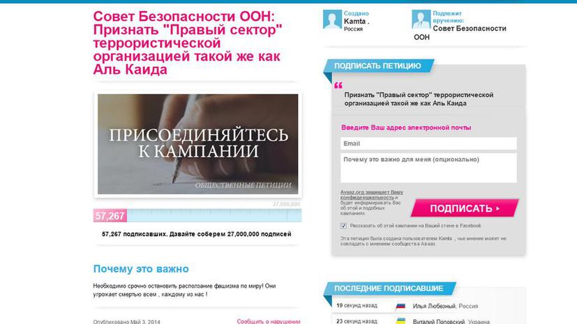Почти 60 тыс. человек через интернет попросили ООН признать «Правый сектор» террористической организацией