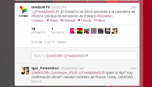 Канал TeleSUR: Правительство США отправило официальный запрос в МИД Боливии с требованием выдать Сноудена