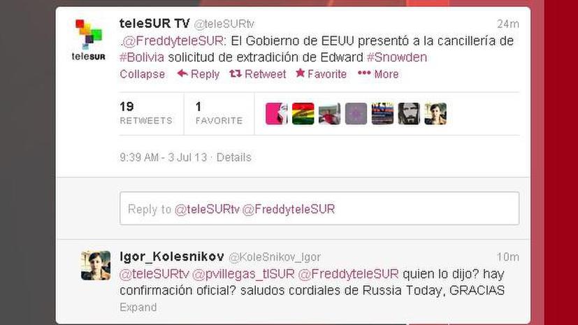 Канал TeleSUR: Правительство США отправило официальный запрос в МИД Боливии с требованием выдать Сноудена